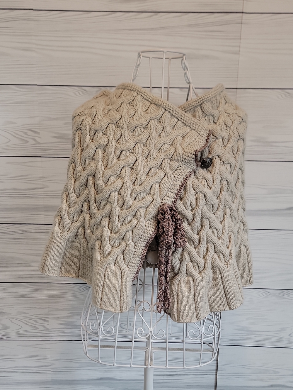 Handmade Shawl Cozy Cable Knit Shoulder Wrap Sweater- Cream Fits Like A Medium